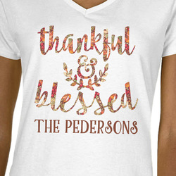 Thankful & Blessed Women's V-Neck T-Shirt - White - Small (Personalized)