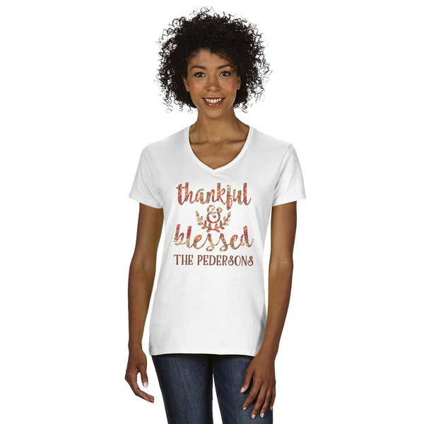Custom Thankful & Blessed Women's V-Neck T-Shirt - White - Medium (Personalized)