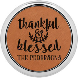 Thankful & Blessed Set of 4 Leatherette Round Coasters w/ Silver Edge (Personalized)