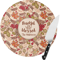 Thankful & Blessed Round Glass Cutting Board - Medium (Personalized)