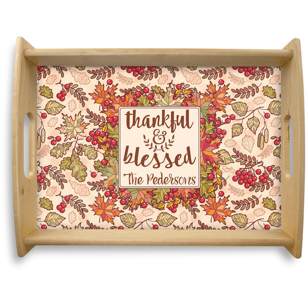 Custom Thankful & Blessed Natural Wooden Tray - Large (Personalized)