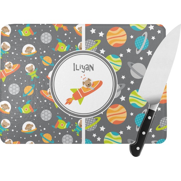 Custom Space Explorer Rectangular Glass Cutting Board - Large - 15.25"x11.25" w/ Name or Text