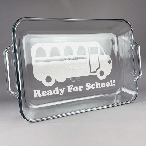 Custom School Bus Glass Baking Dish with Truefit Lid - 13in x 9in (Personalized)