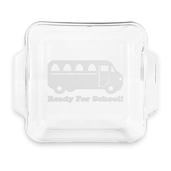 Custom School Bus Glass Cake Dish with Truefit Lid - 8in x 8in (Personalized)