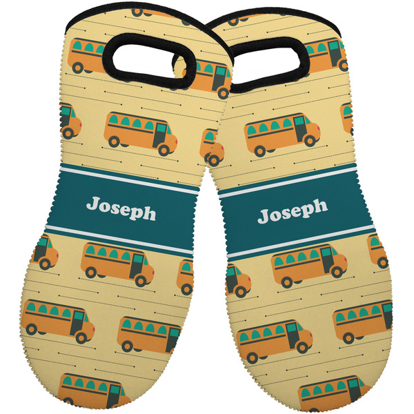 Custom School Bus Neoprene Oven Mitts - Set of 2 w/ Name or Text