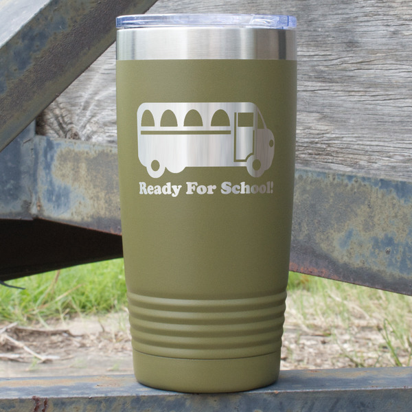 Custom School Bus 20 oz Stainless Steel Tumbler - Olive - Double Sided (Personalized)