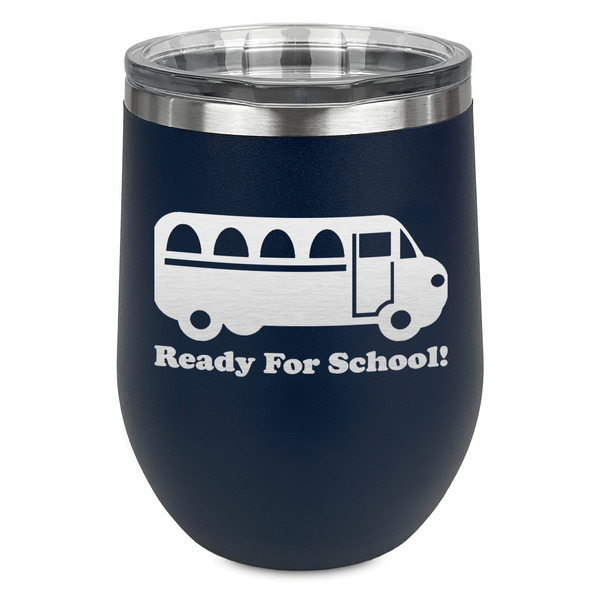 Custom School Bus Stemless Stainless Steel Wine Tumbler - Navy - Double Sided (Personalized)