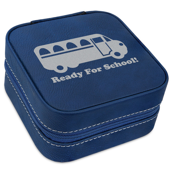 Custom School Bus Travel Jewelry Box - Navy Blue Leather (Personalized)