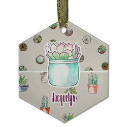 Cactus Flat Glass Ornament - Hexagon w/ Name or Text