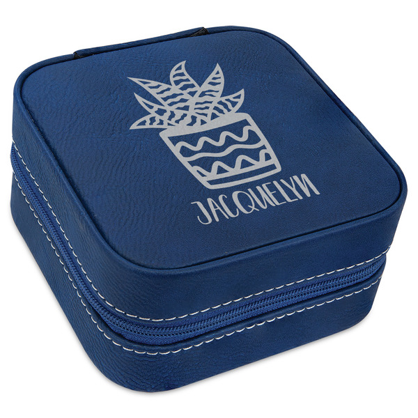 Custom Cactus Travel Jewelry Box - Navy Blue Leather (Personalized)