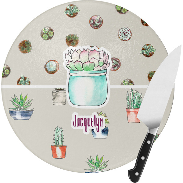 Custom Cactus Round Glass Cutting Board - Medium (Personalized)