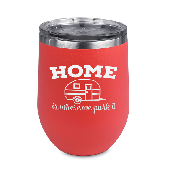 Custom Summer Camping Stemless Stainless Steel Wine Tumbler - Coral - Double Sided (Personalized)