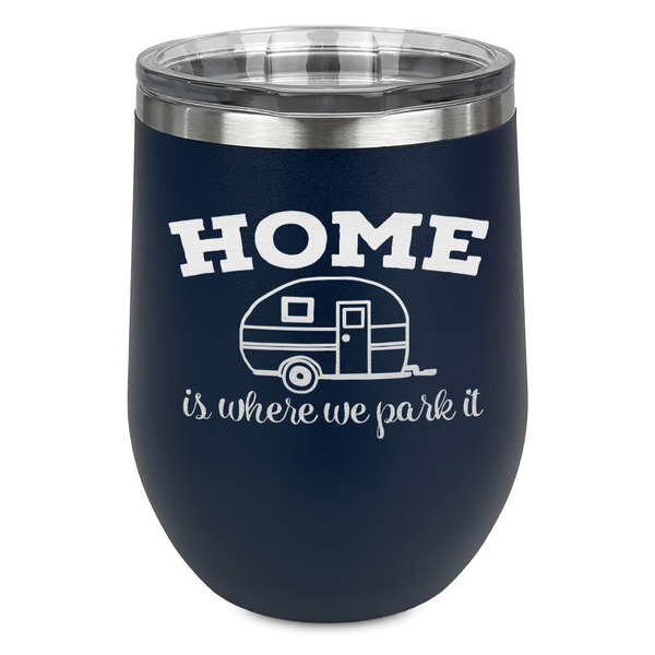 Custom Summer Camping Stemless Stainless Steel Wine Tumbler - Navy - Double Sided (Personalized)