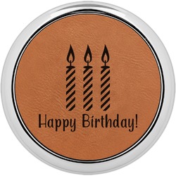Happy Birthday Leatherette Round Coaster w/ Silver Edge (Personalized)