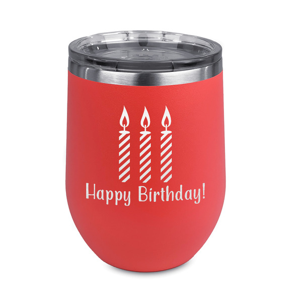 Custom Happy Birthday Stemless Stainless Steel Wine Tumbler - Coral - Double Sided (Personalized)