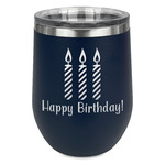 Happy Birthday Stemless Stainless Steel Wine Tumbler - Navy - Double Sided (Personalized)