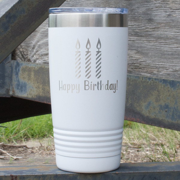 Custom Happy Birthday 20 oz Stainless Steel Tumbler - White - Single Sided (Personalized)