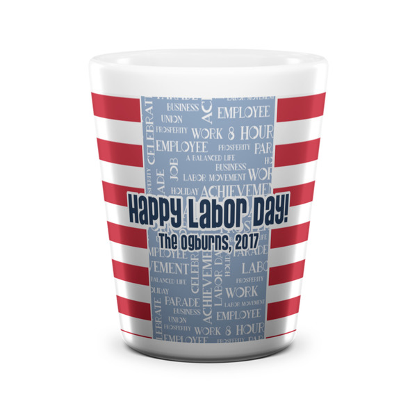 Custom Labor Day Ceramic Shot Glass - 1.5 oz - White - Set of 4 (Personalized)