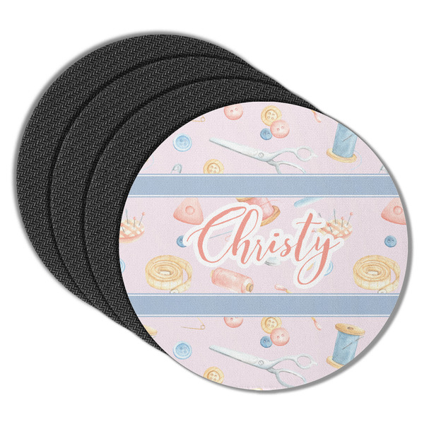 Custom Sewing Time Round Rubber Backed Coasters - Set of 4 (Personalized)