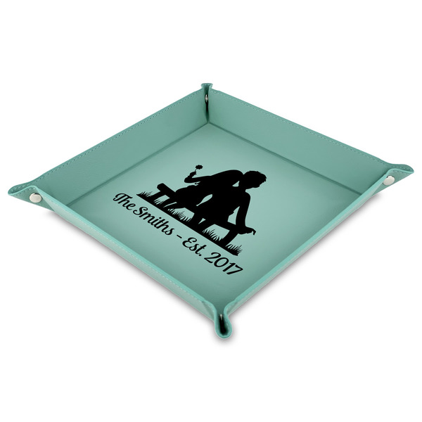 Custom Happy Anniversary Faux Leather Dice Tray - 9" x 9"  - Teal (Personalized)