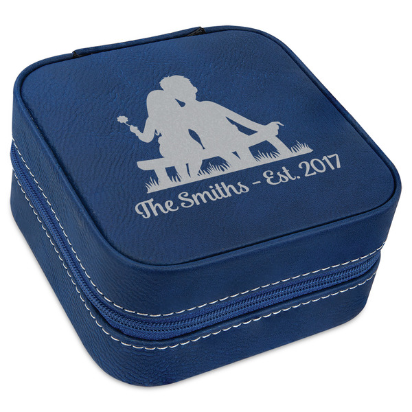 Custom Happy Anniversary Travel Jewelry Box - Navy Blue Leather (Personalized)