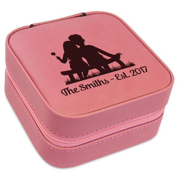 Custom Happy Anniversary Travel Jewelry Boxes - Pink Leather (Personalized)