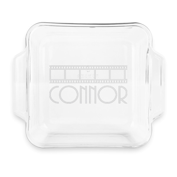 Custom Movie Theater Glass Cake Dish with Truefit Lid - 8in x 8in (Personalized)