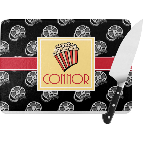 Custom Movie Theater Rectangular Glass Cutting Board - Large - 15.25"x11.25" w/ Name or Text