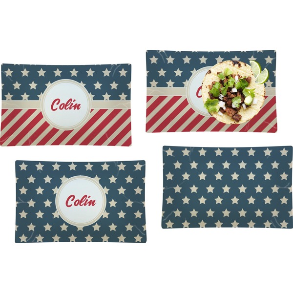 Custom Stars and Stripes Set of 4 Glass Rectangular Lunch / Dinner Plate (Personalized)