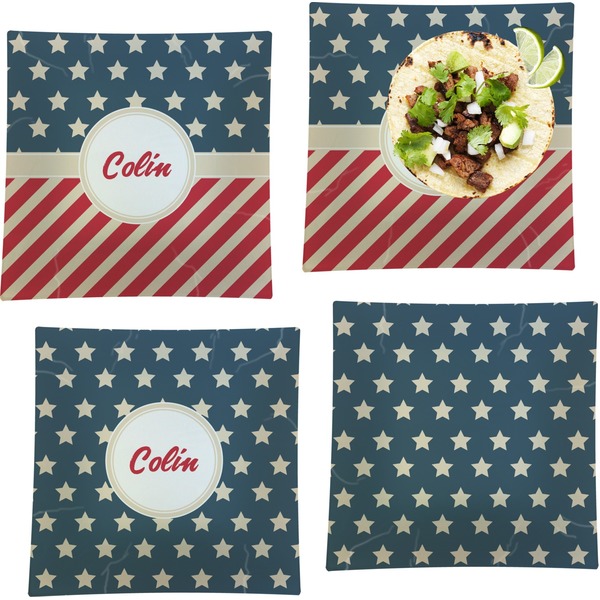 Custom Stars and Stripes Set of 4 Glass Square Lunch / Dinner Plate 9.5" (Personalized)