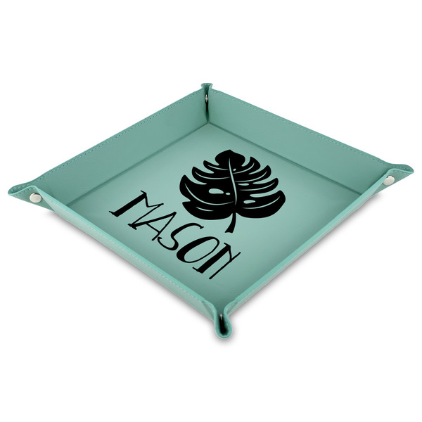 Custom Tropical Leaves #2 Faux Leather Dice Tray - 9" x 9"  - Teal (Personalized)