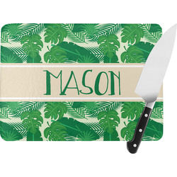 Tropical Leaves #2 Rectangular Glass Cutting Board - Large - 15.25"x11.25" w/ Name or Text