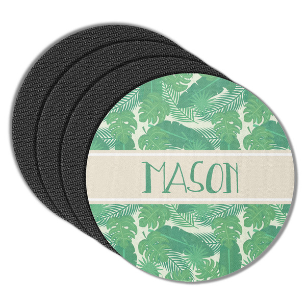 Custom Tropical Leaves #2 Round Rubber Backed Coasters - Set of 4 w/ Name or Text