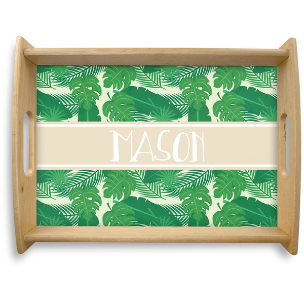 Custom Tropical Leaves #2 Natural Wooden Tray - Large w/ Name or Text