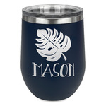 Tropical Leaves #2 Stemless Stainless Steel Wine Tumbler - Navy - Double Sided (Personalized)