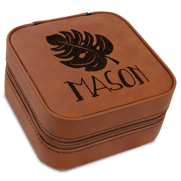 Custom Tropical Leaves #2 Travel Jewelry Box - Rawhide Leather (Personalized)