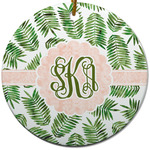 Tropical Leaves Round Ceramic Ornament w/ Monogram