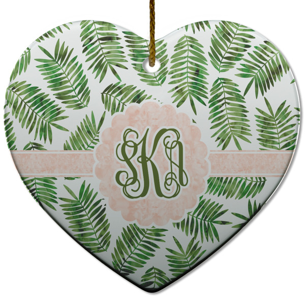 Custom Tropical Leaves Heart Ceramic Ornament w/ Monogram