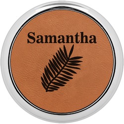 Tropical Leaves Leatherette Round Coaster w/ Silver Edge (Personalized)