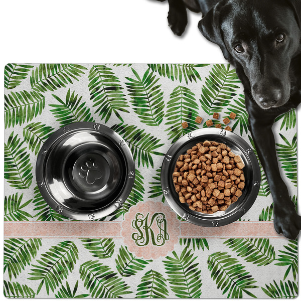 Custom Tropical Leaves Dog Food Mat - Large w/ Monogram