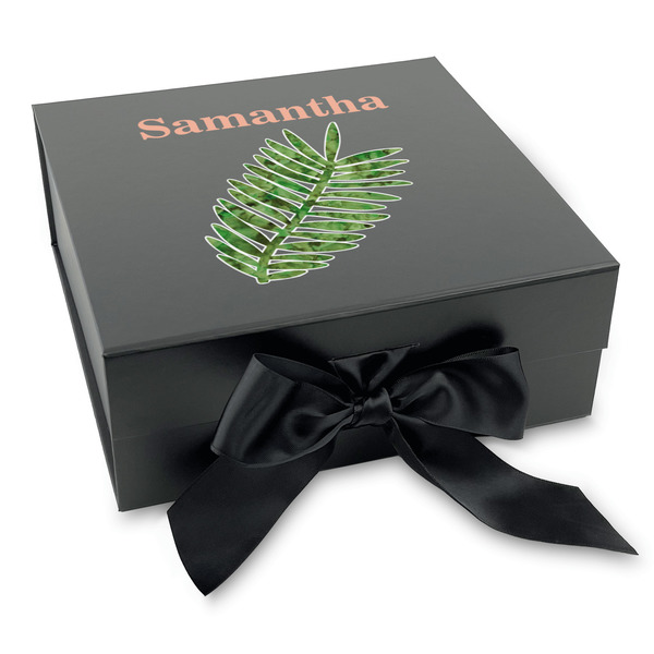 Custom Tropical Leaves Gift Box with Magnetic Lid - Black (Personalized)