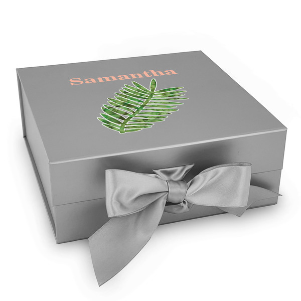 Custom Tropical Leaves Gift Box with Magnetic Lid - Silver (Personalized)