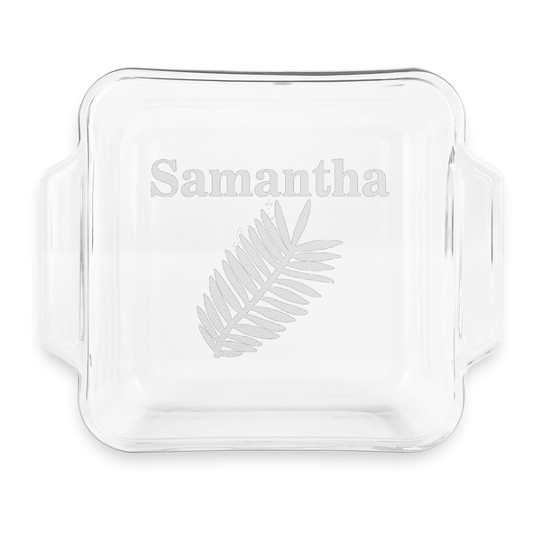 Custom Tropical Leaves Glass Cake Dish with Truefit Lid - 8in x 8in (Personalized)