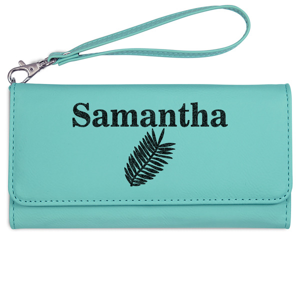 Custom Tropical Leaves Ladies Leatherette Wallet - Laser Engraved- Teal (Personalized)