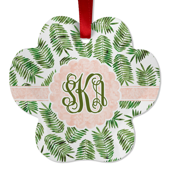 Custom Tropical Leaves Metal Paw Ornament - Double Sided w/ Monogram