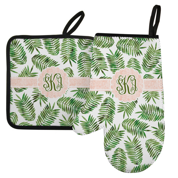 Custom Tropical Leaves Left Oven Mitt & Pot Holder Set w/ Monogram