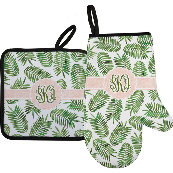 Custom Tropical Leaves Oven Mitt & Pot Holder Set w/ Monogram