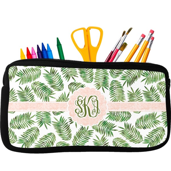 Custom Tropical Leaves Neoprene Pencil Case - Small w/ Monogram