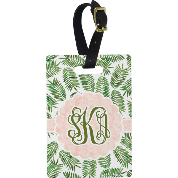 Custom Tropical Leaves Plastic Luggage Tag - Rectangular w/ Monogram