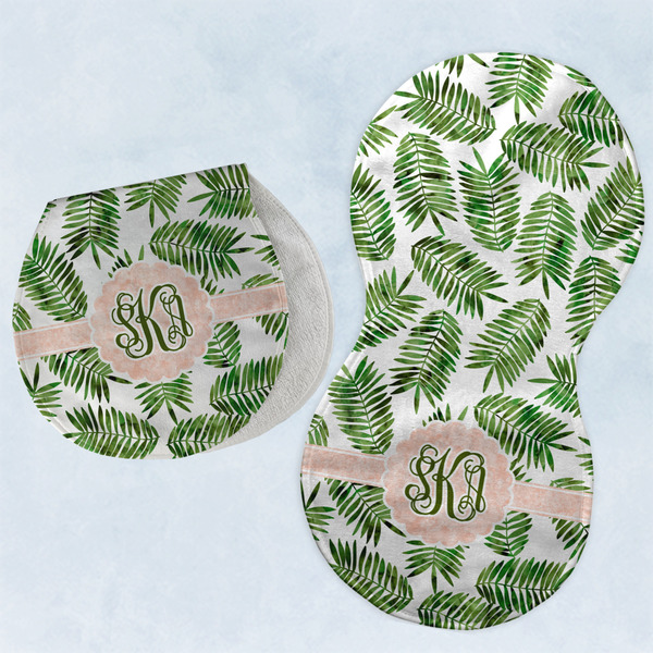 Custom Tropical Leaves Burp Pads - Velour - Set of 2 w/ Monogram